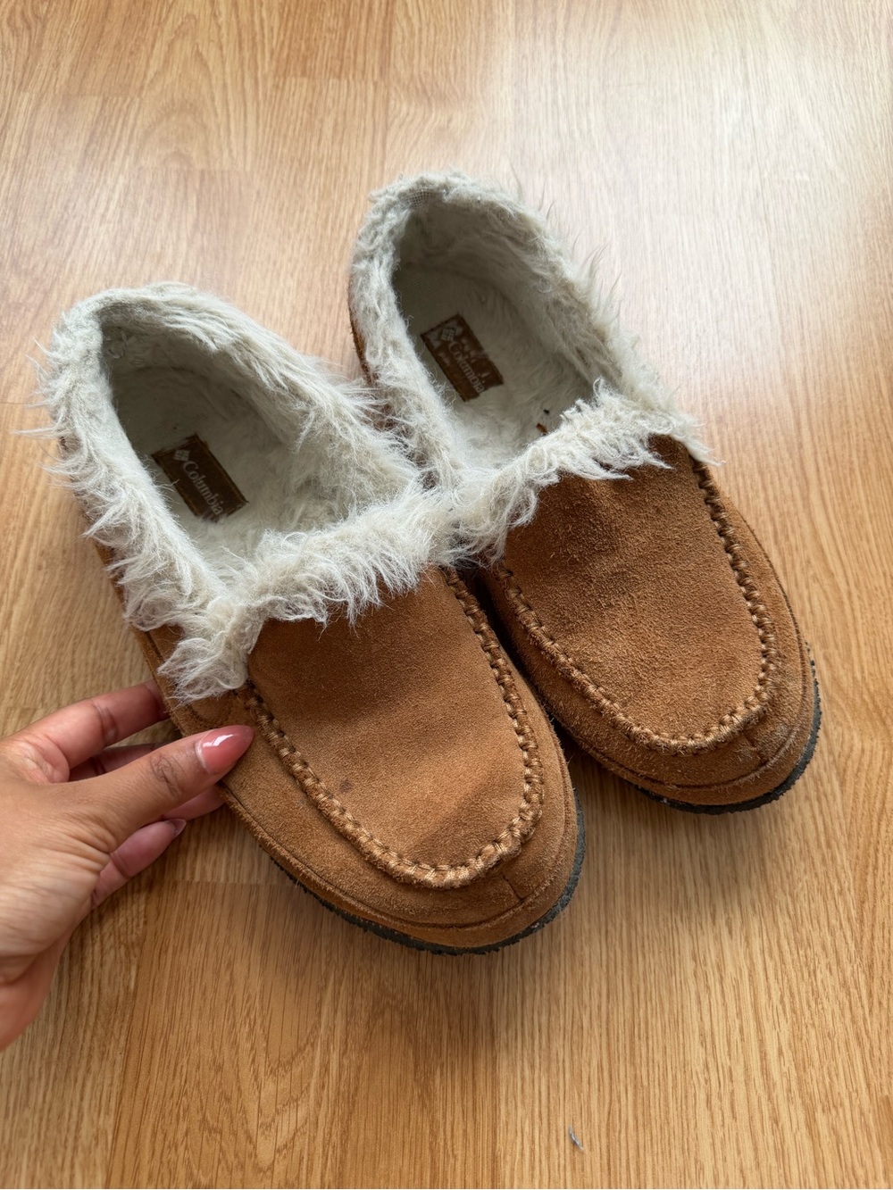 Cozy Columbia Faux-Fur Lined Suede Slip-On Slippers - Cognac Brown